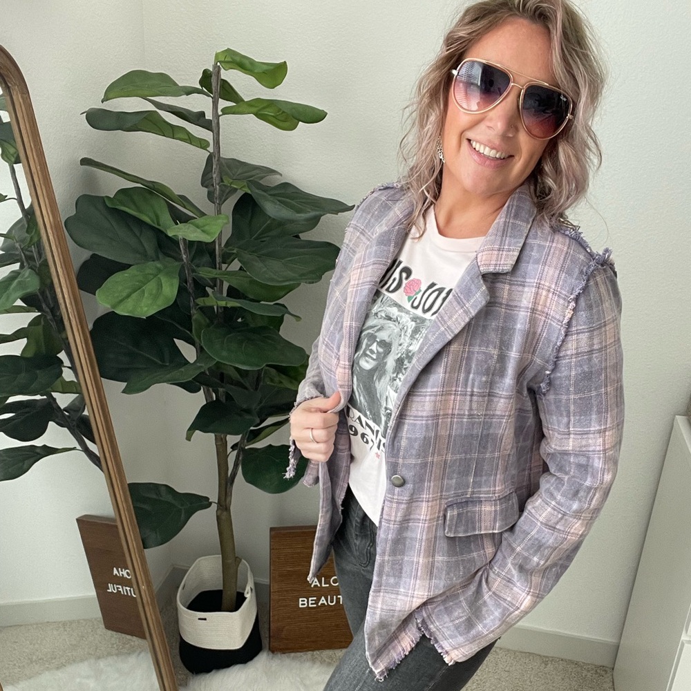 POL Lavender Plaid Frayed Blazer